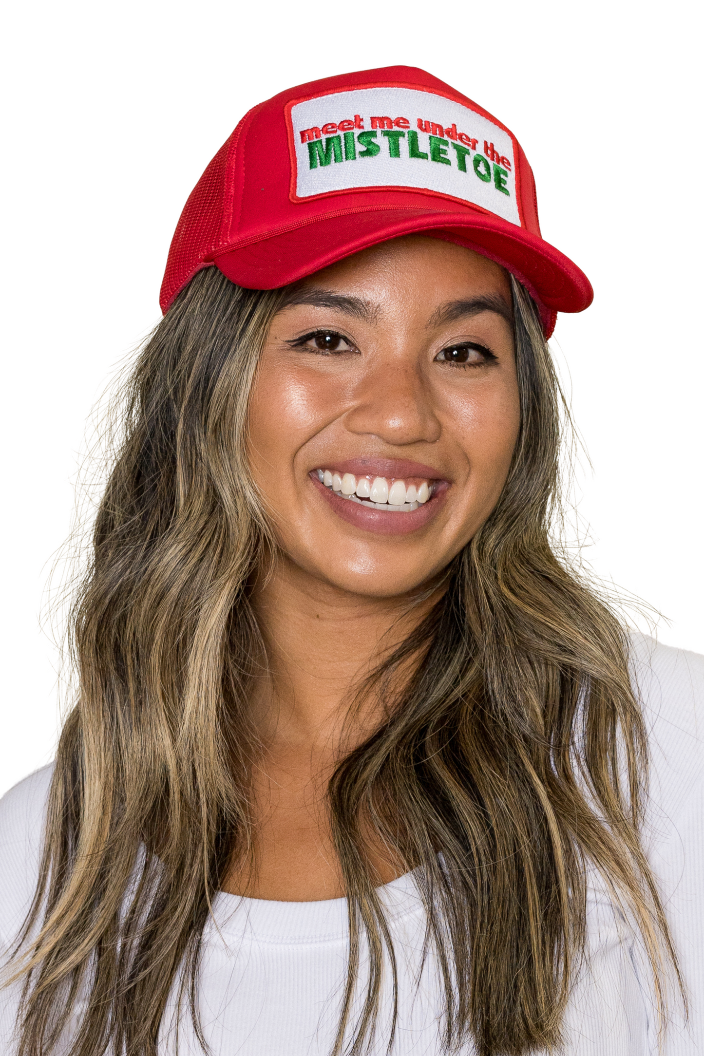 Meet Me Under The Mistletoe Trucker Hat in Red