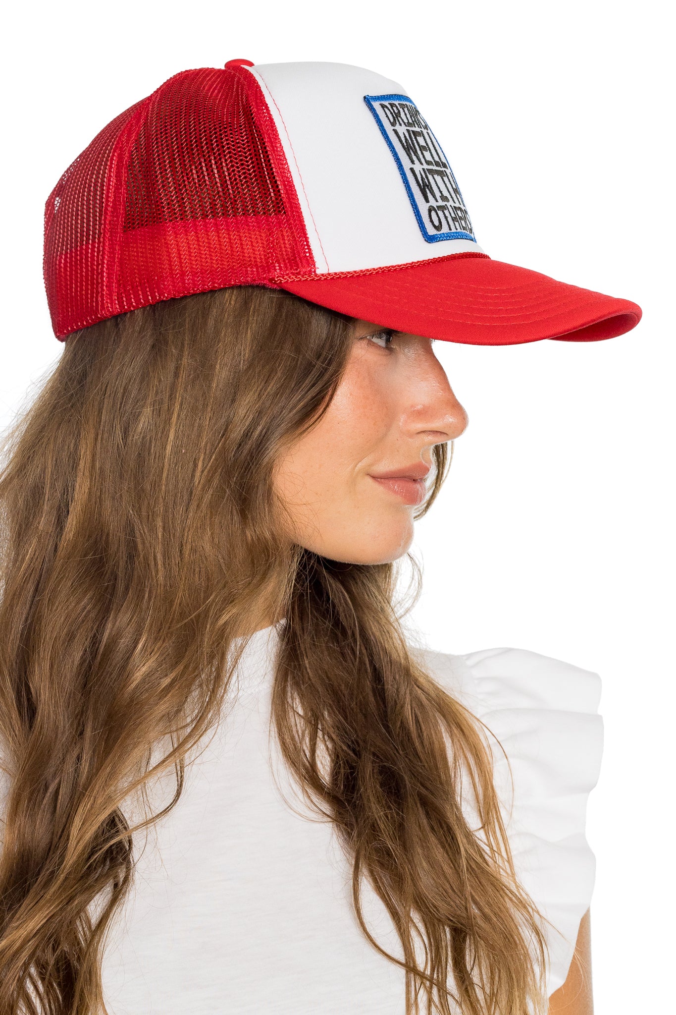 Drinks Well With Others Trucker Hat in Red Split