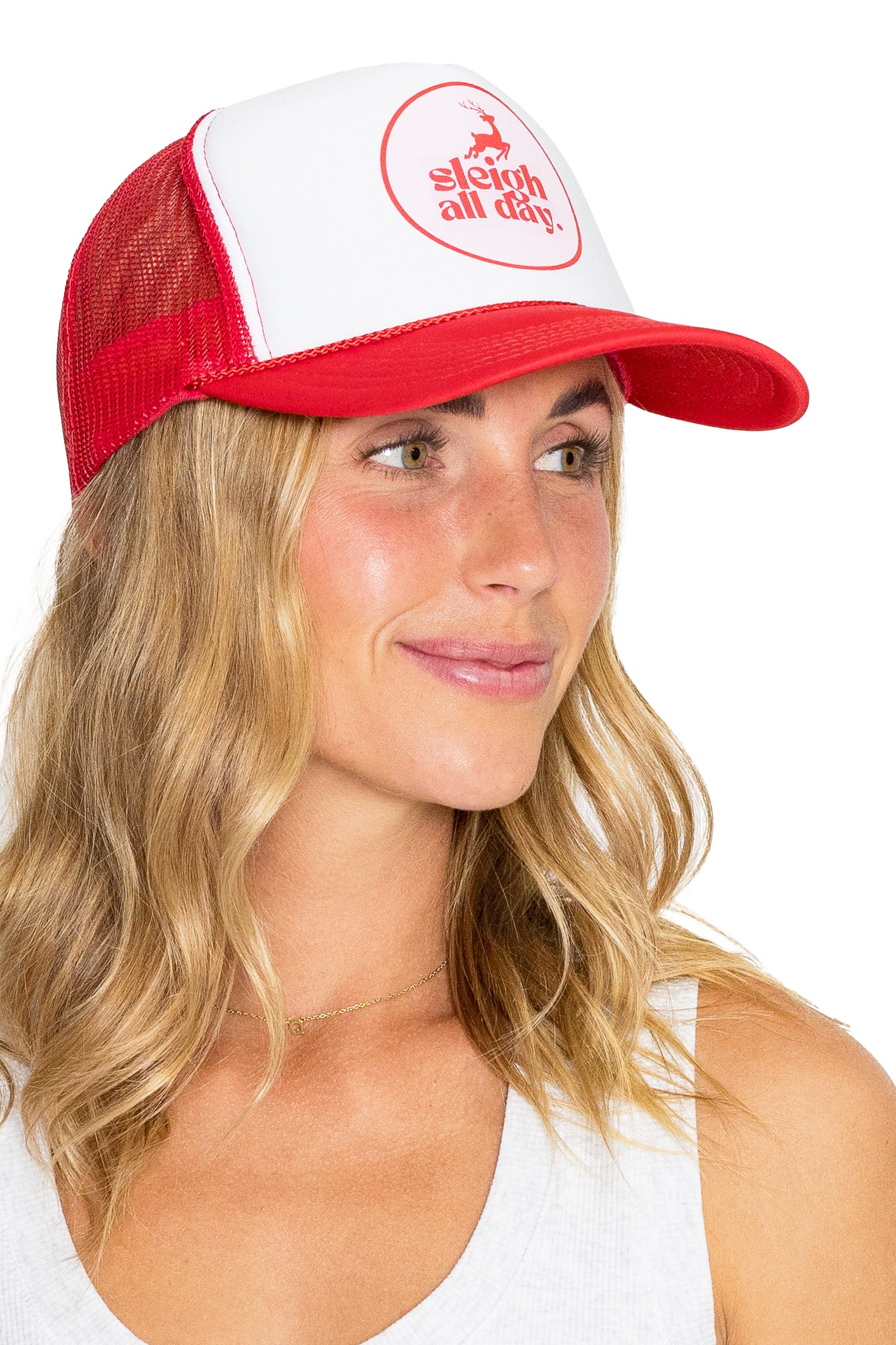 Sleigh all Day Trucker Hat in Red Split