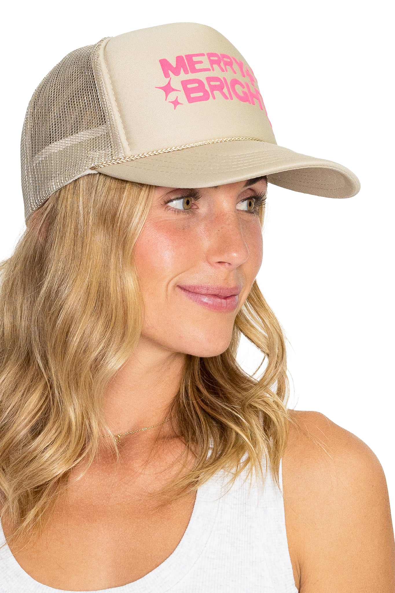 Merry & Bright Stars Trucker Hat in Tan