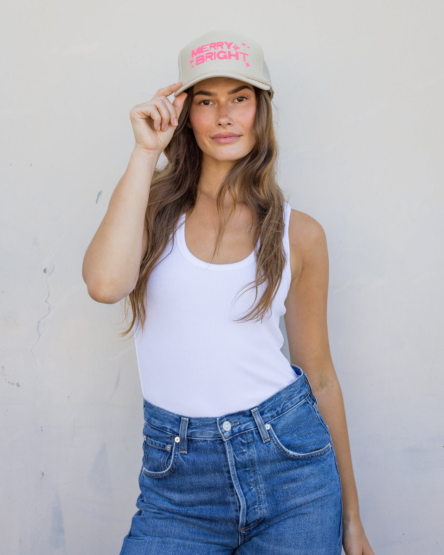 Merry & Bright Stars Trucker Hat in Tan