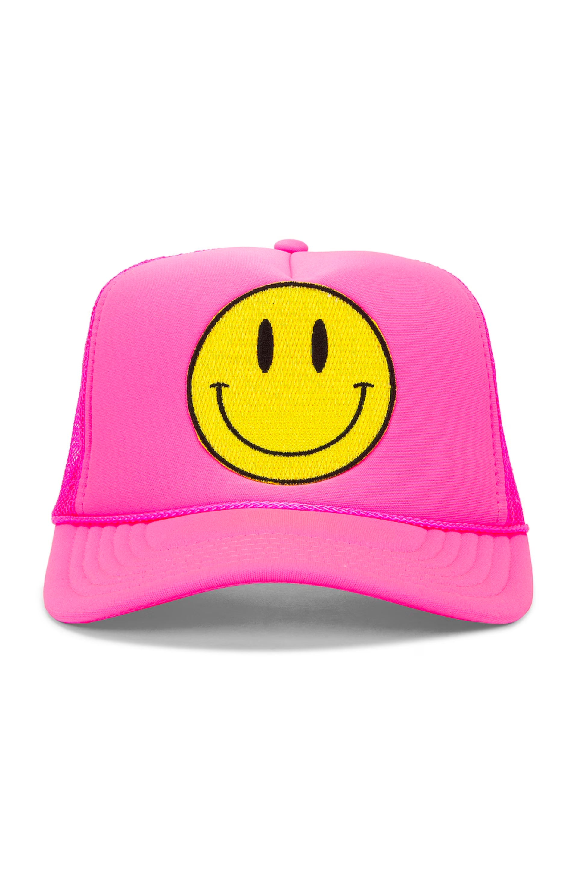Happy Face Trucker Hat in Pink