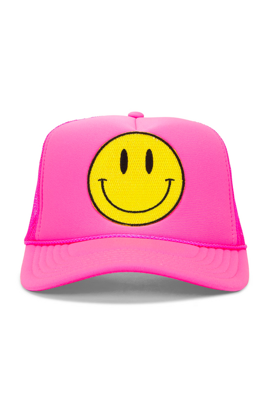 Happy Face Trucker Hat in Pink
