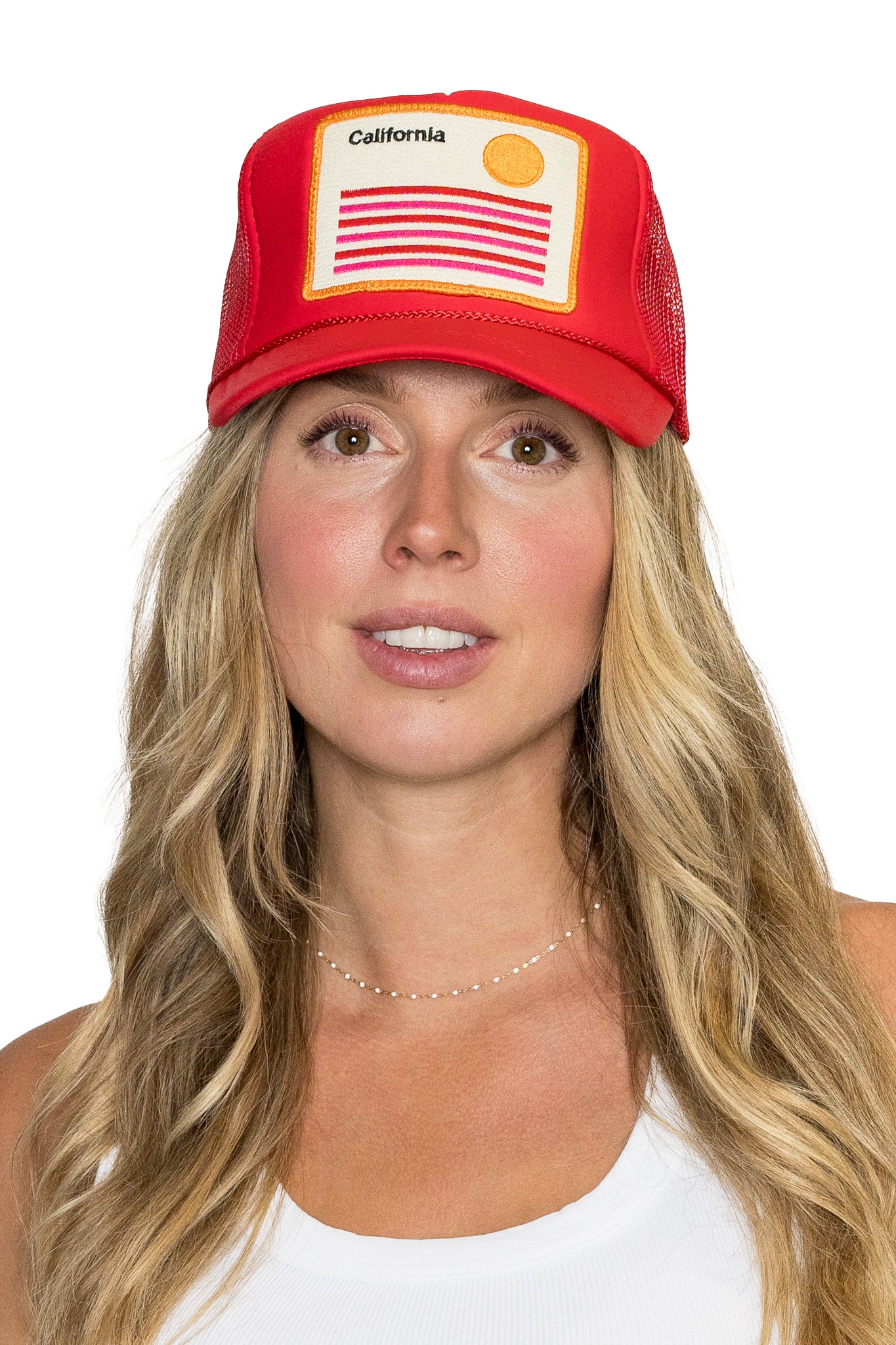 California Stripes Trucker Hat in Red