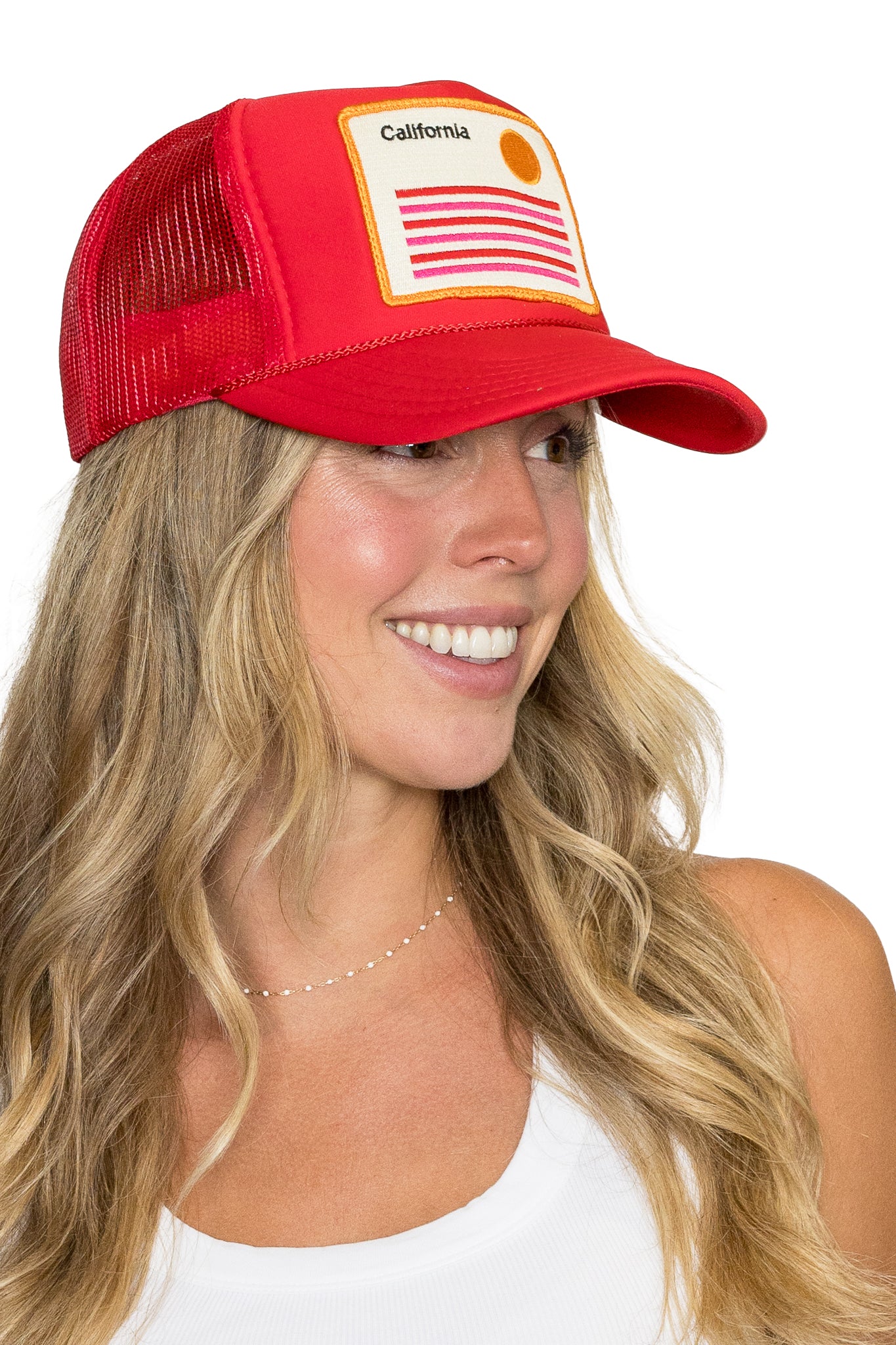 California Stripes Trucker Hat in Red