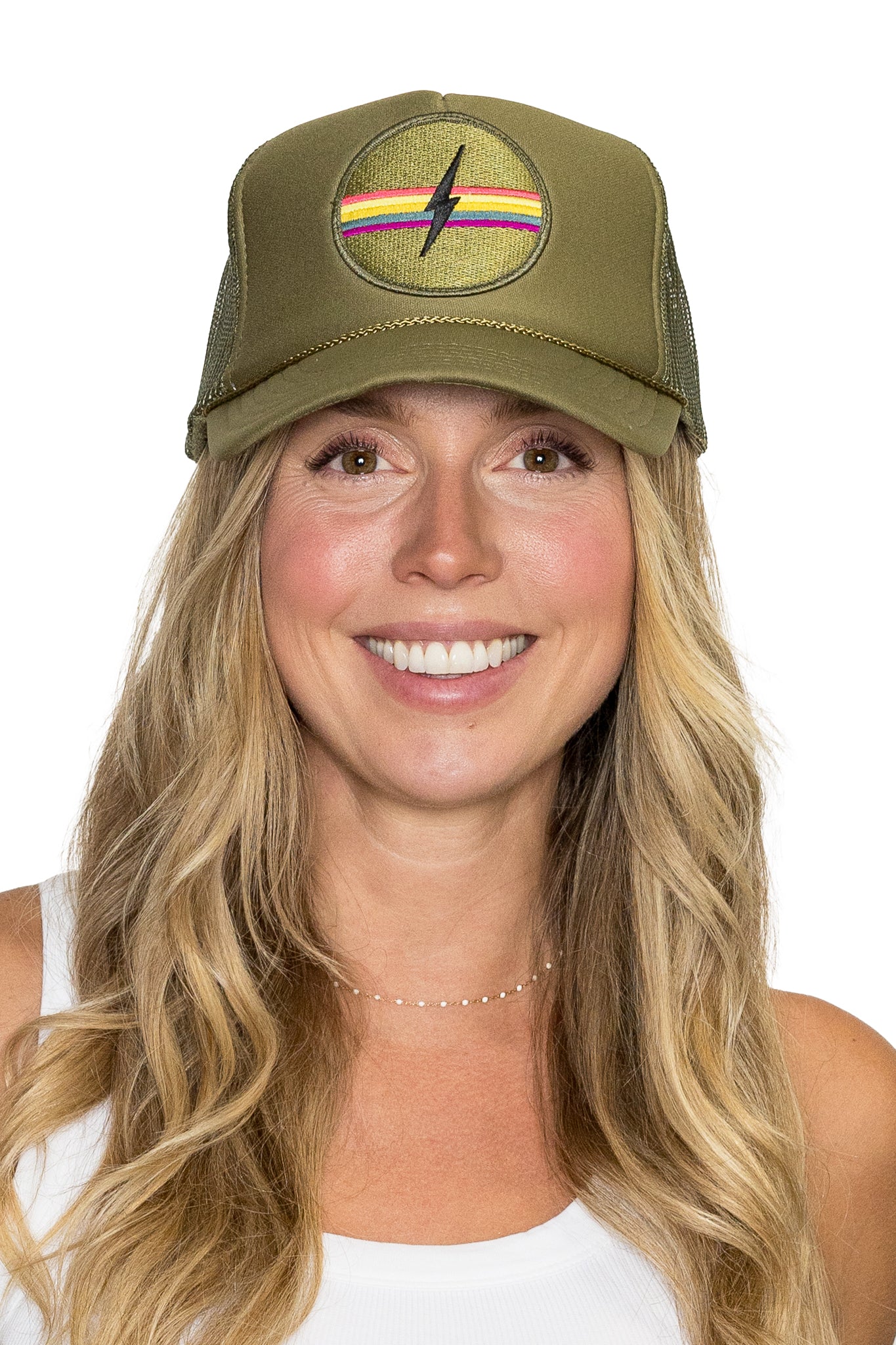 Electric Rainbow Trucker Hat in Olive