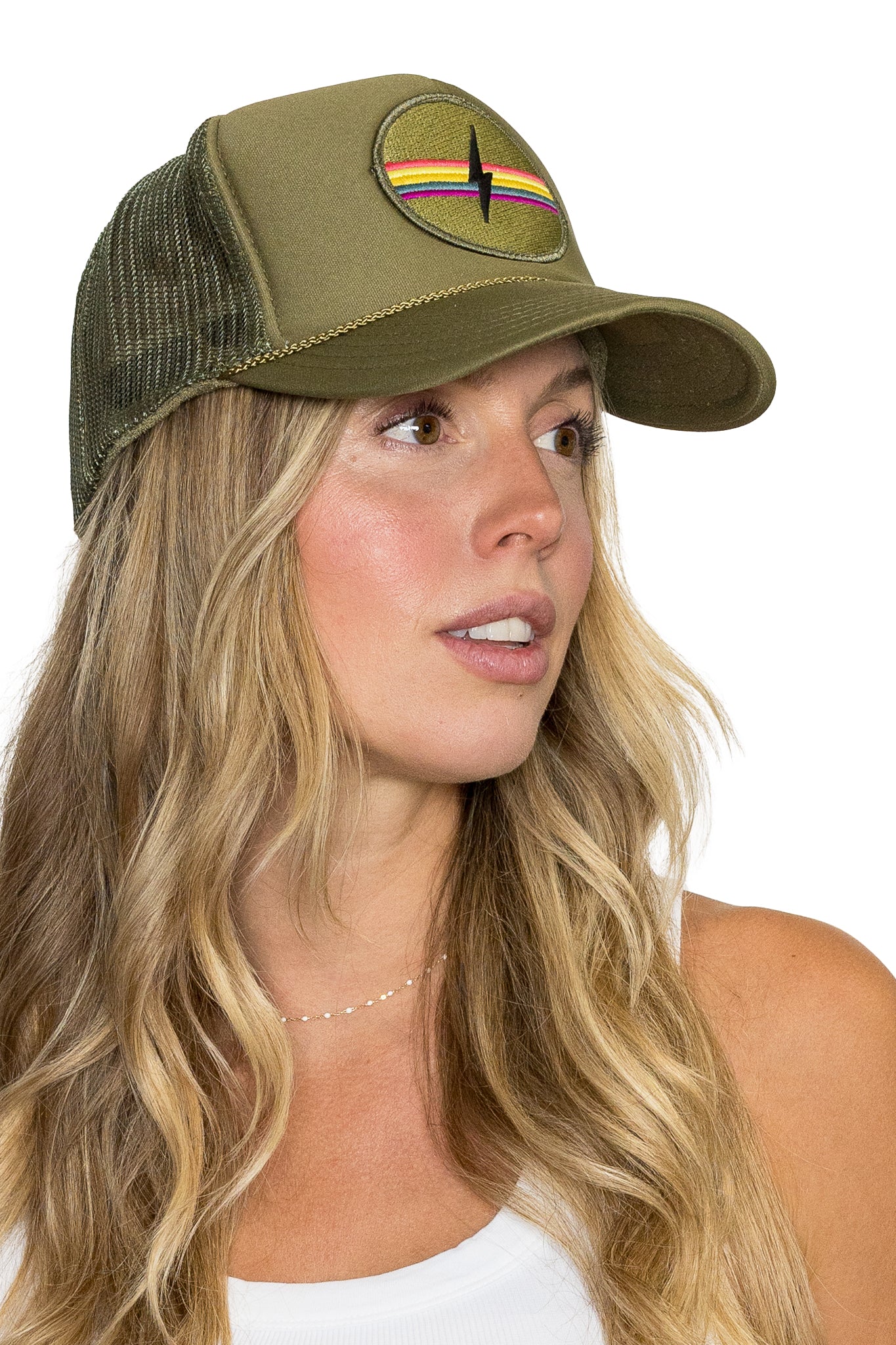 Electric Rainbow Trucker Hat in Olive