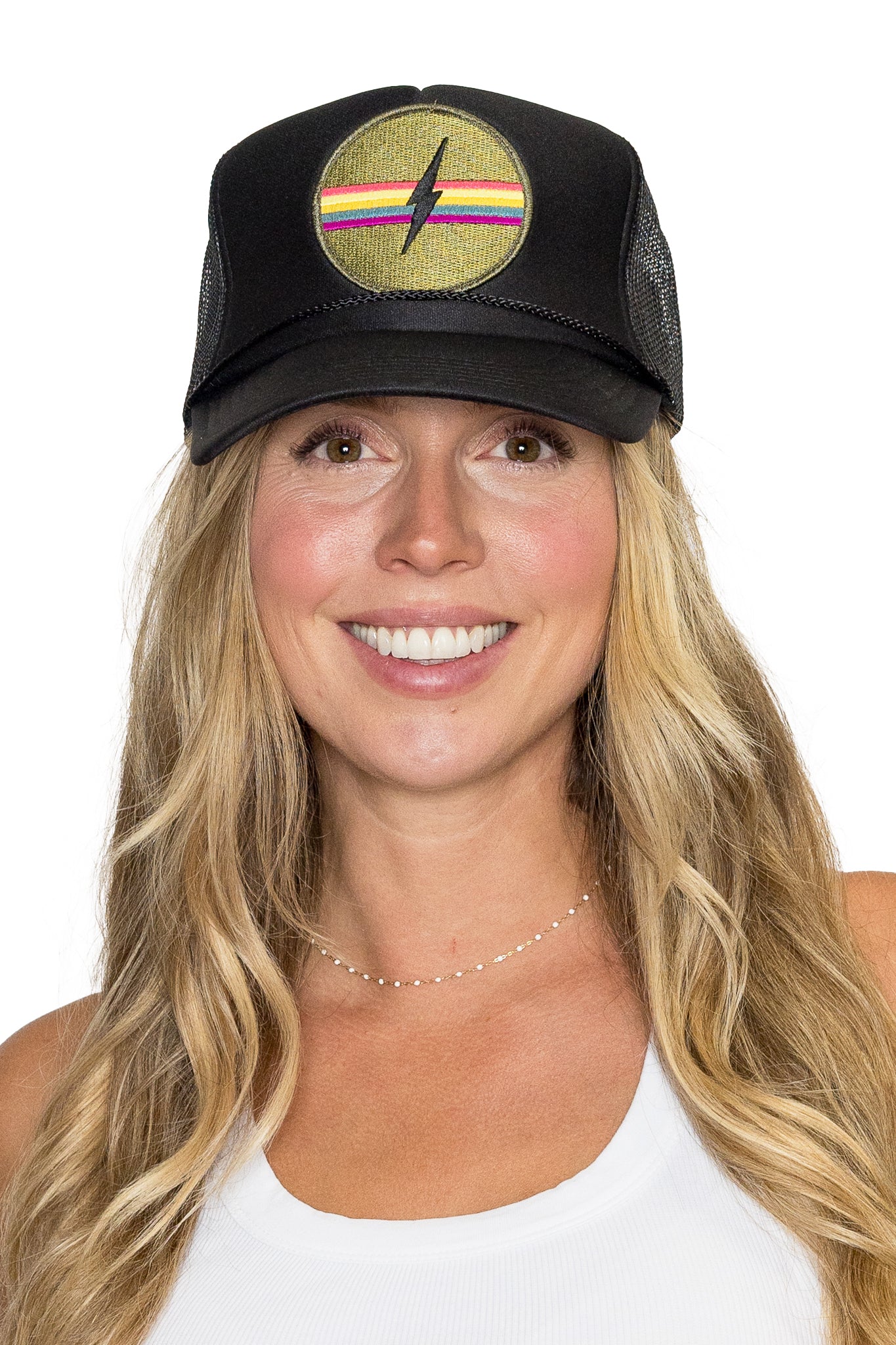 Electric Rainbow Trucker Hat in Black