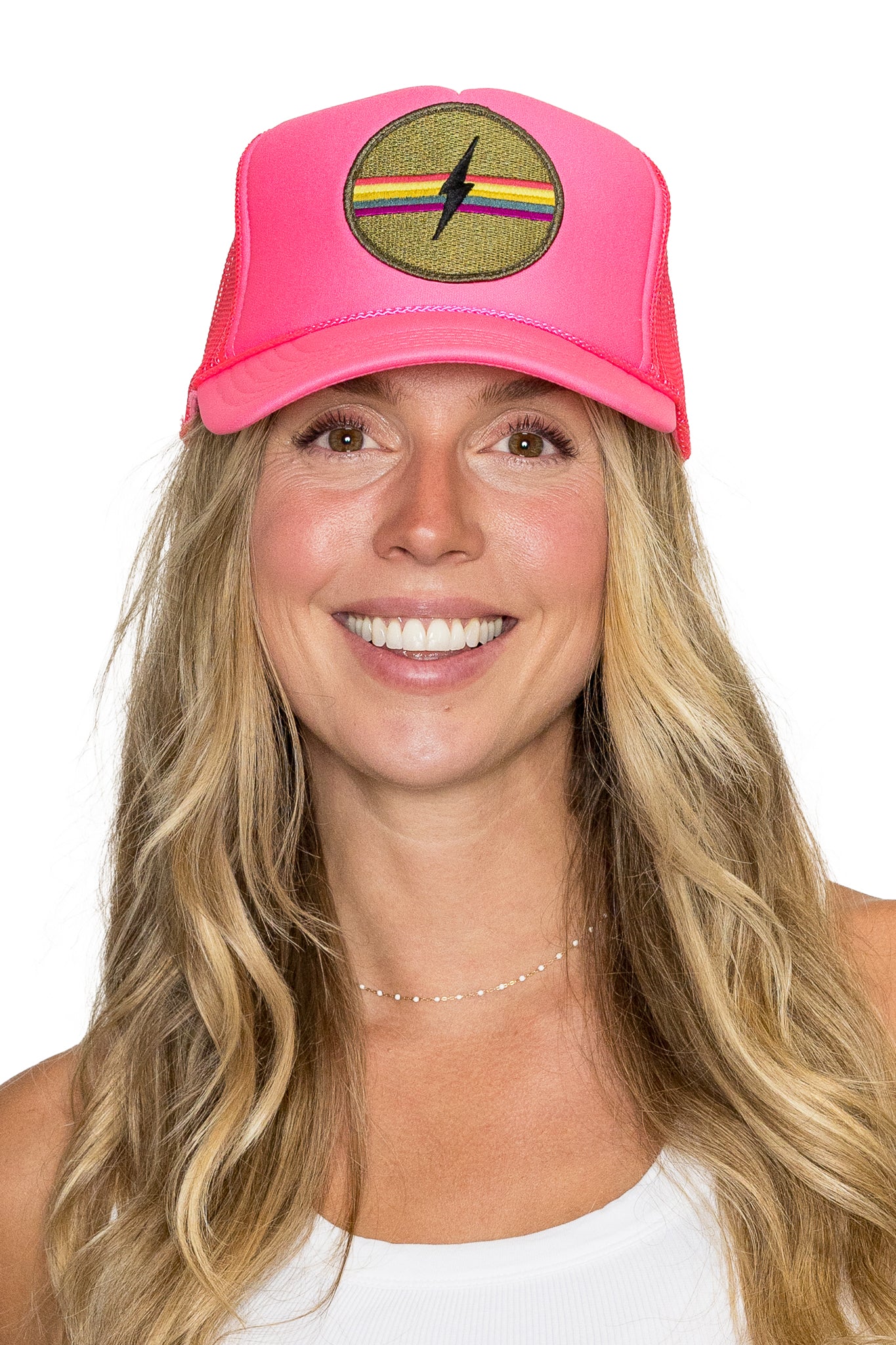 Electric Rainbow Trucker Hat in Pink