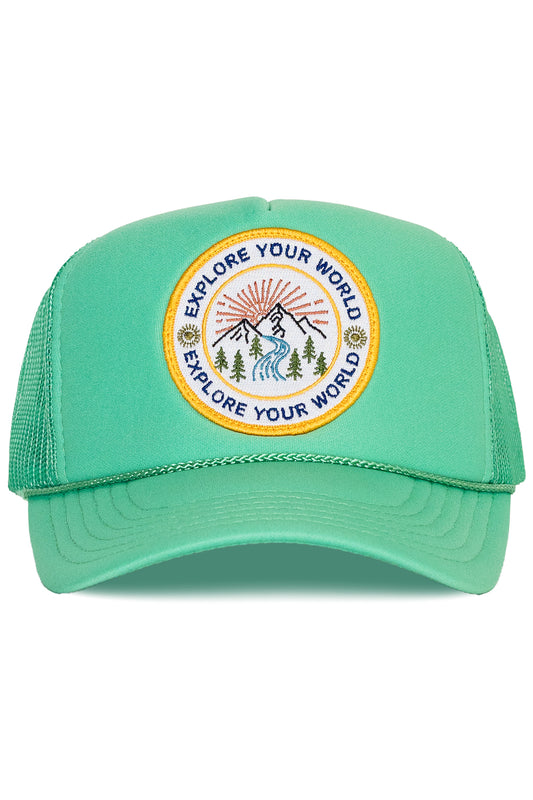Explore Your World Trucker Hat in Cactus Green
