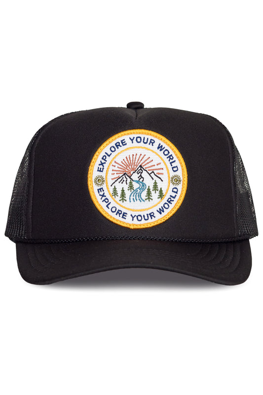 Explore Your World Trucker Hat in Black