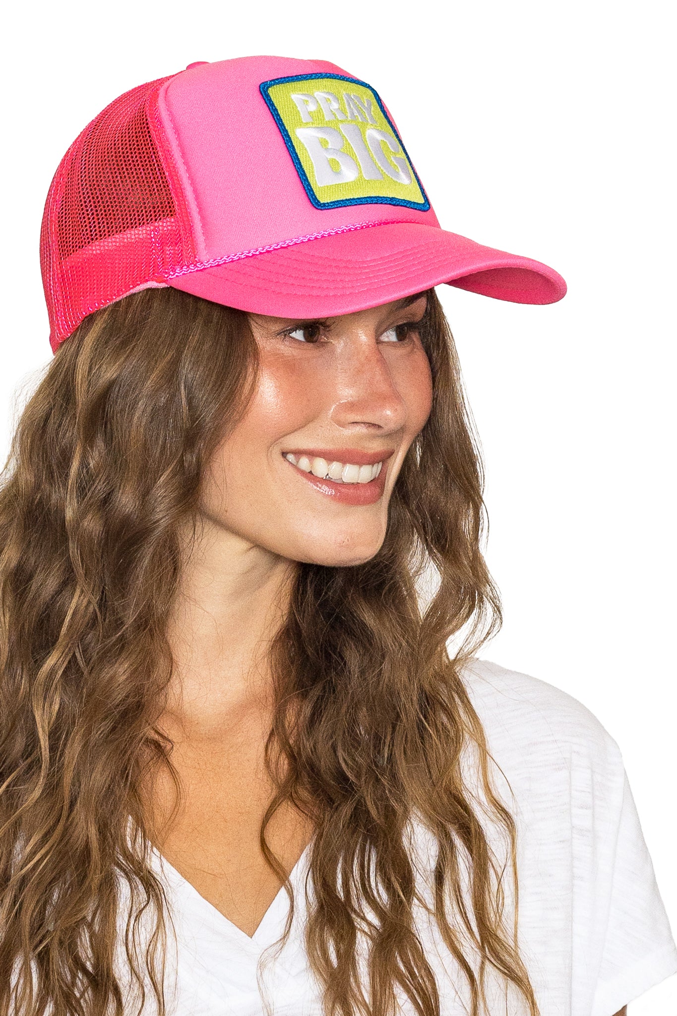 Pray Big Trucker Hat in Neon Pink EXCLUSIVE