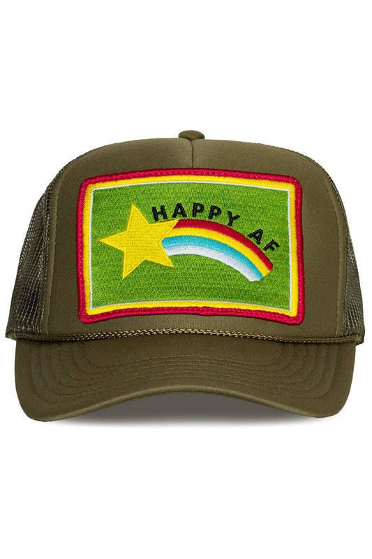 Happy AF Trucker Hat in Olive Green