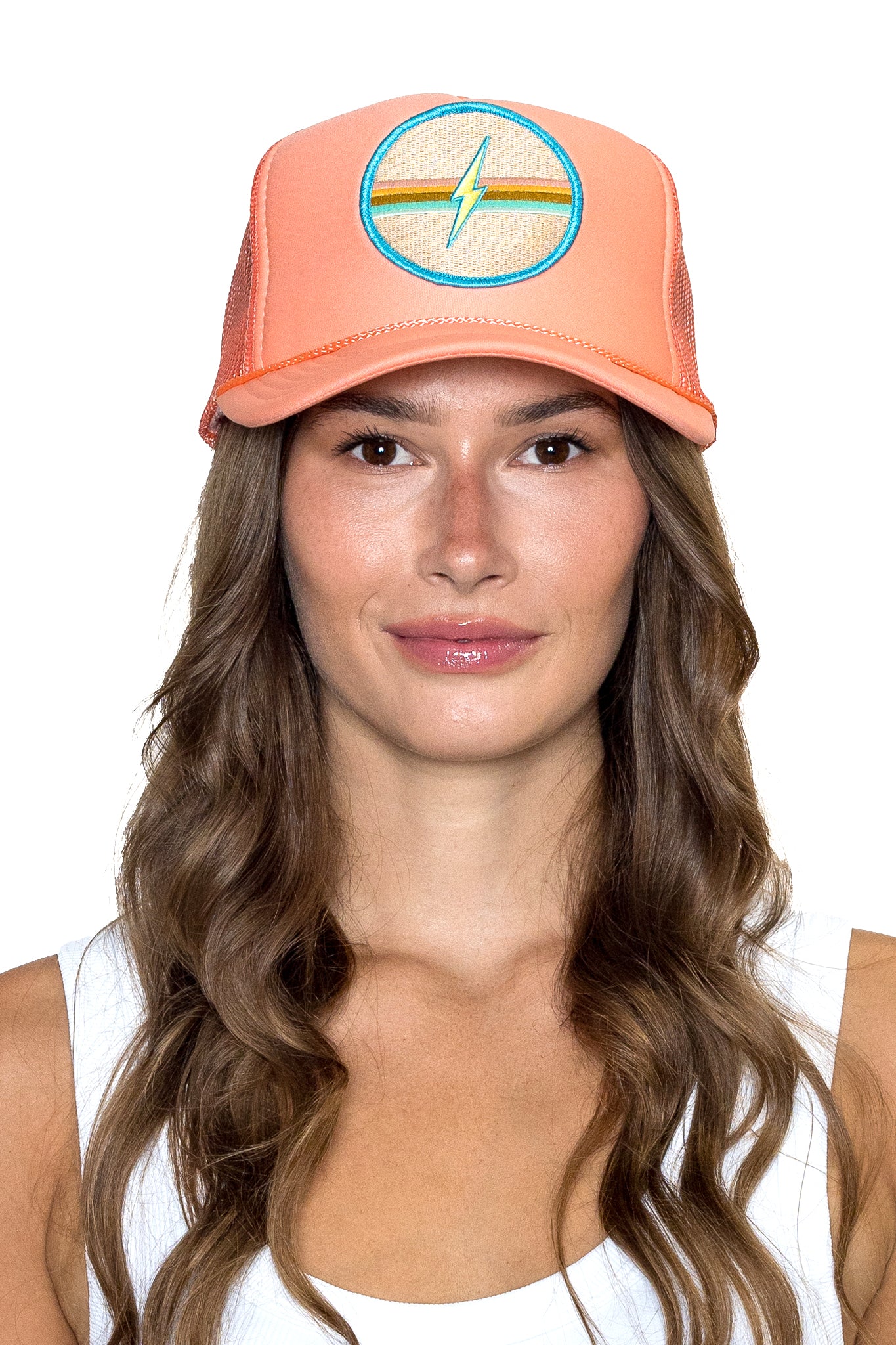 Electric Rainbow Trucker Hat in Coral