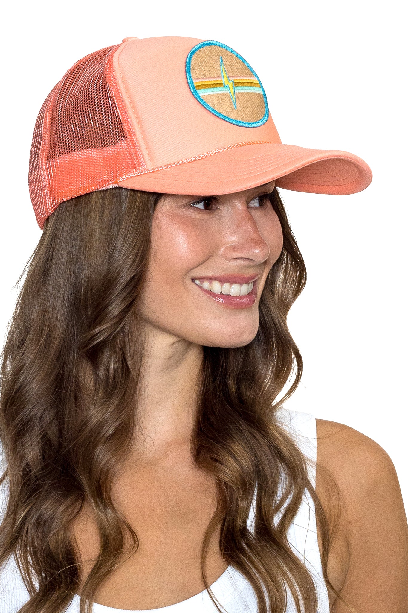 Electric Rainbow Trucker Hat in Coral