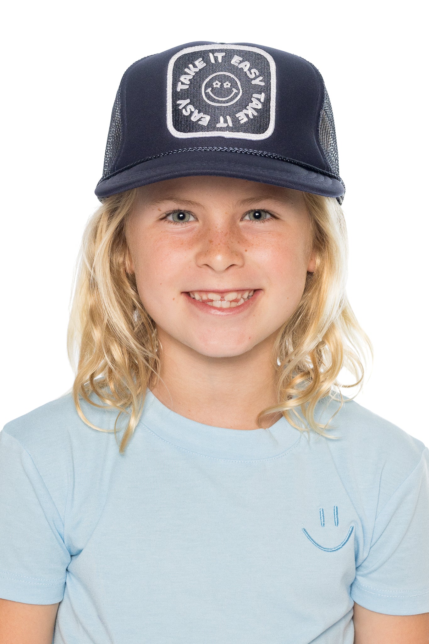 Youth Take It Easy Smiley Trucker Hat in Navy