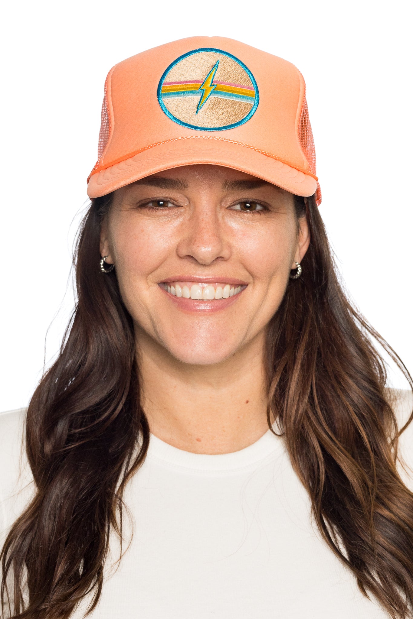Electric Rainbow Trucker Hat in Coral