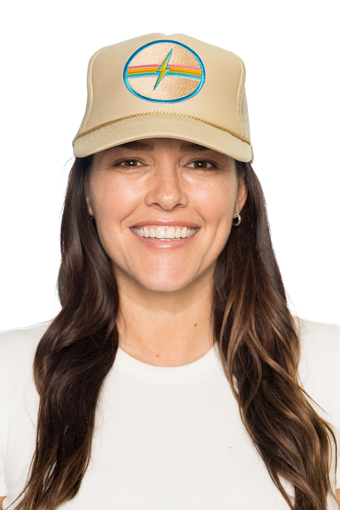 Electric Rainbow Trucker Hat in Tan