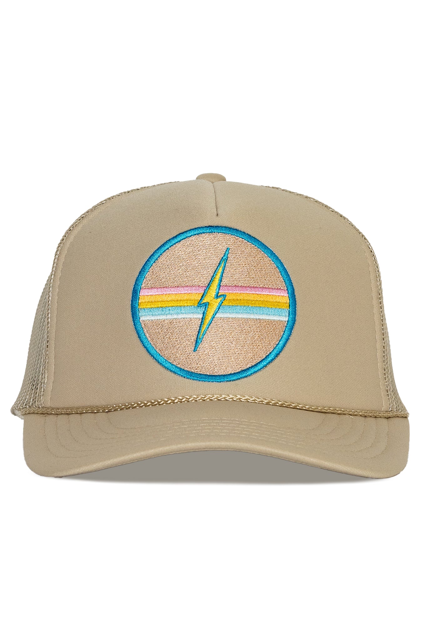 Electric Rainbow Trucker Hat in Tan