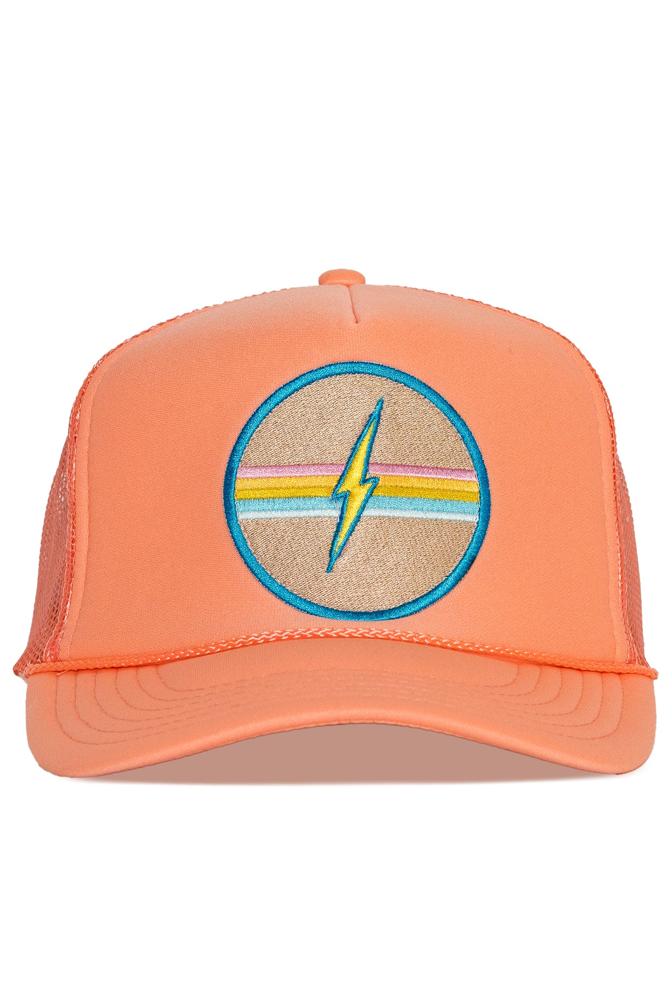 Electric Rainbow Trucker Hat in Coral