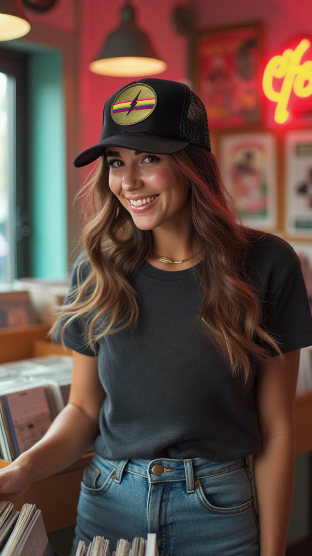 Electric Rainbow Trucker Hat in Black