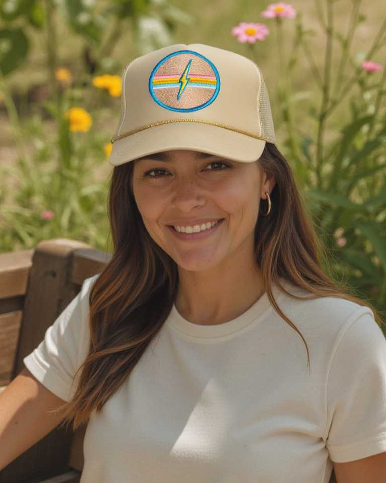 Electric Rainbow Trucker Hat in Tan
