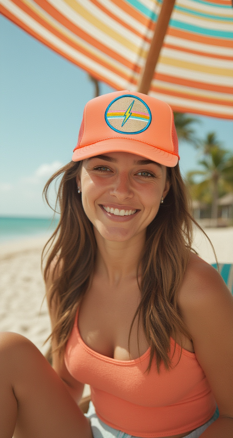 Electric Rainbow Trucker Hat in Coral