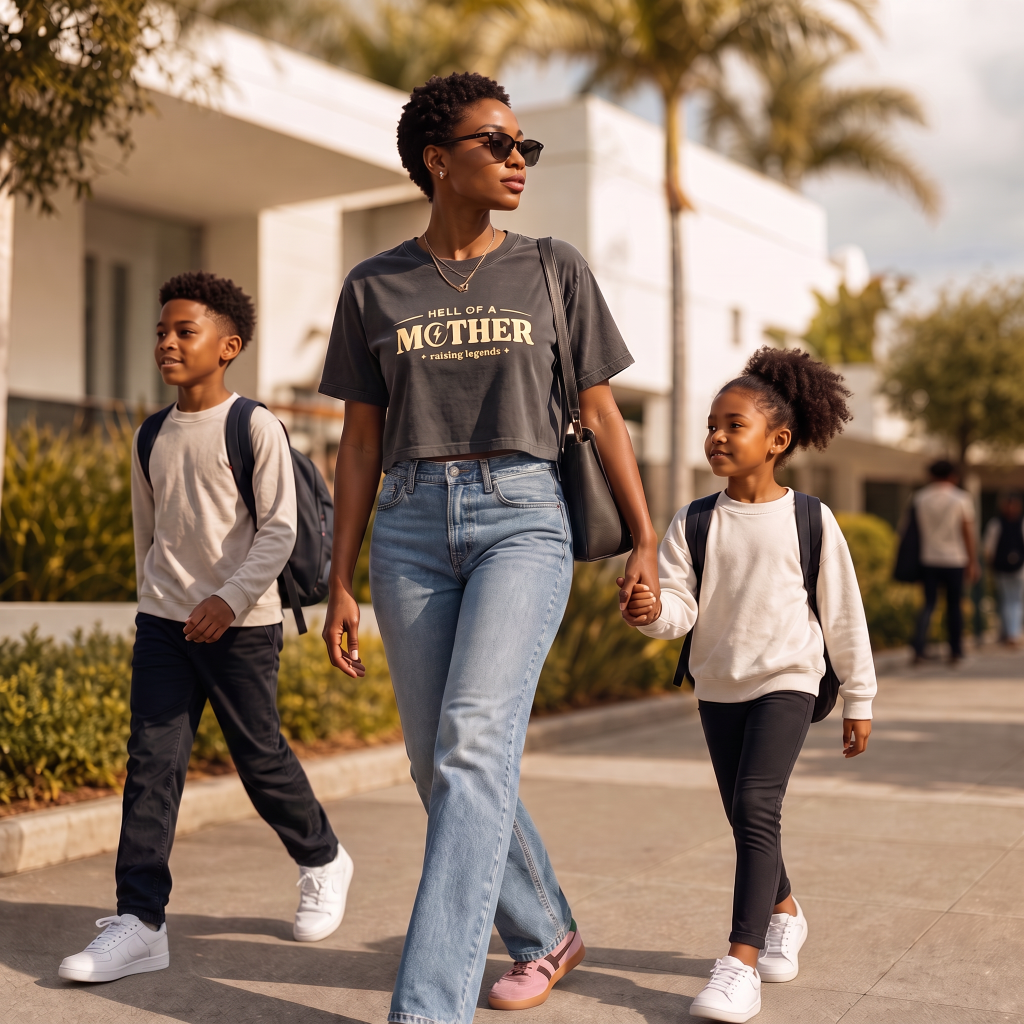 Mom in the Hell of a Mother crop tee walking her kids to school