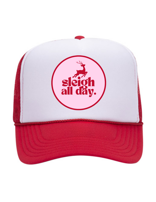 Sleigh all Day Trucker Hat in Red Split