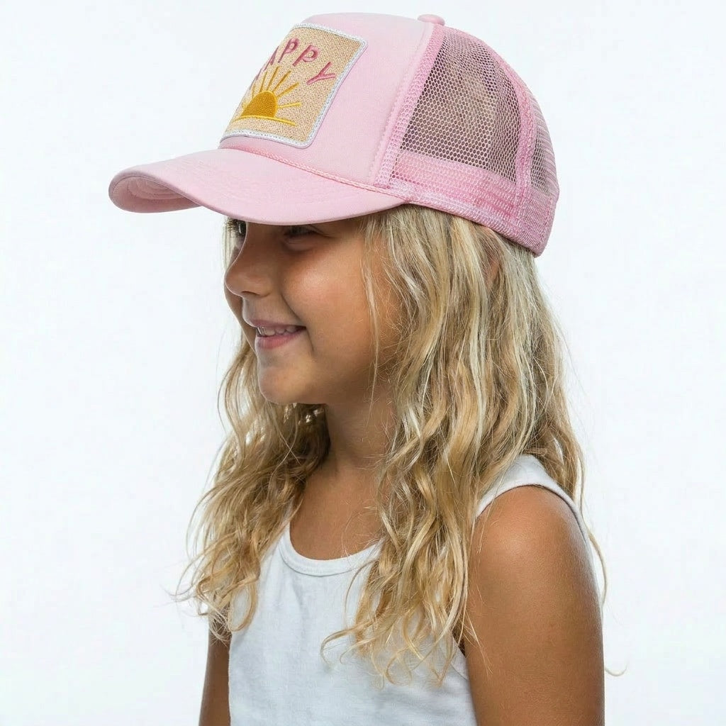 Youth Happy Sun Trucker Hat in Pink