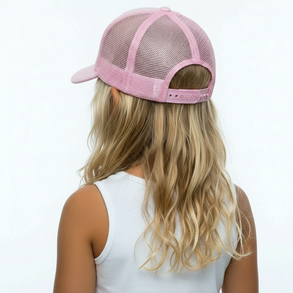 Youth Happy Sun Trucker Hat in Pink