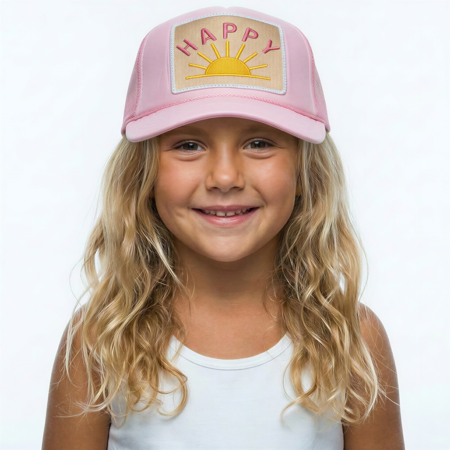 Youth Happy Sun Trucker Hat in Pink
