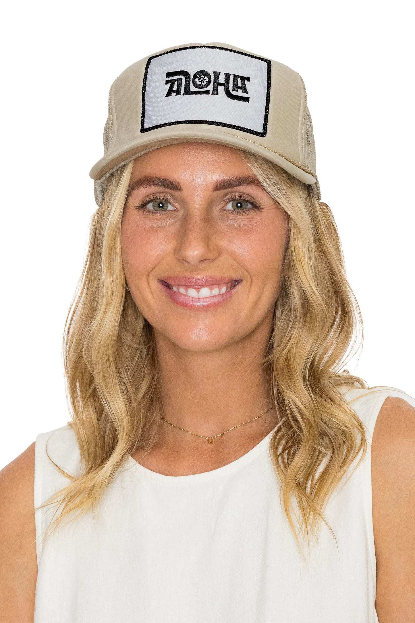 Aloha Flower Trucker Hat in Tan