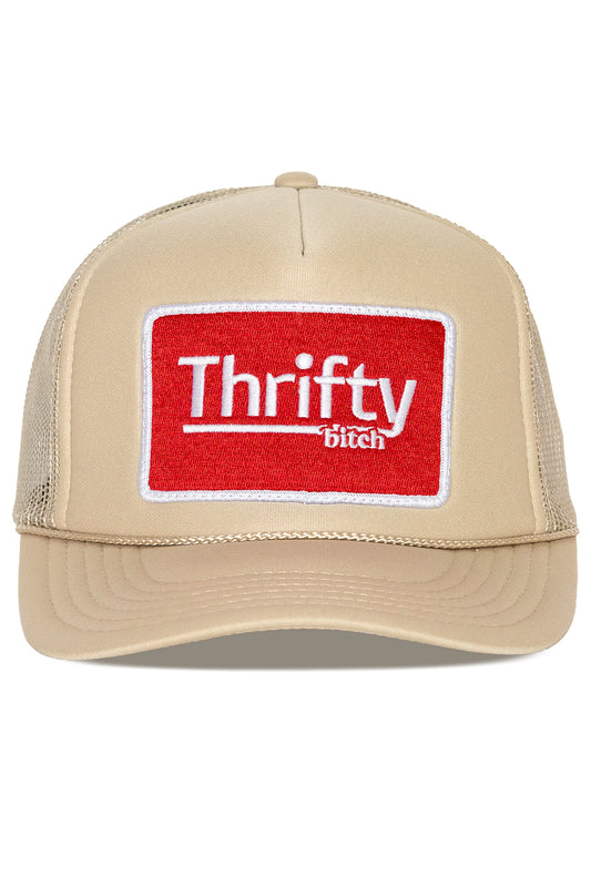 Thrifty Bitch Trucker Hat in Tan