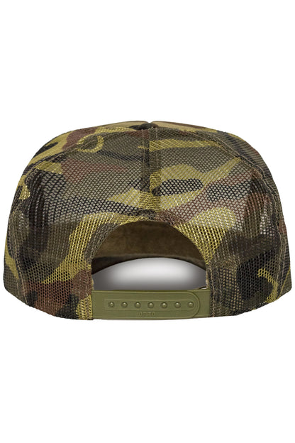 Coffee and Chaos Trucker Hat in Camo
