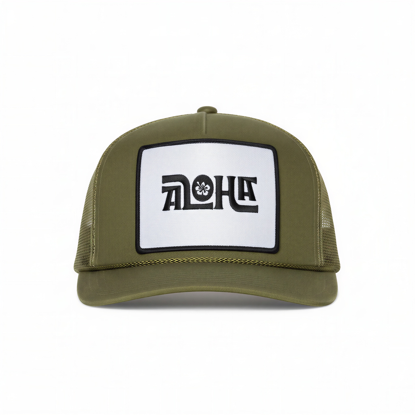 Aloha Flower Trucker Hat in Olive Green