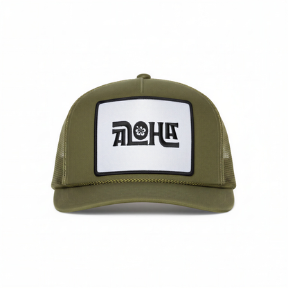 Aloha Flower Trucker Hat in Olive Green