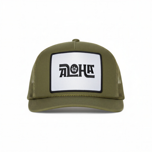 Aloha Flower Trucker Hat in Olive Green