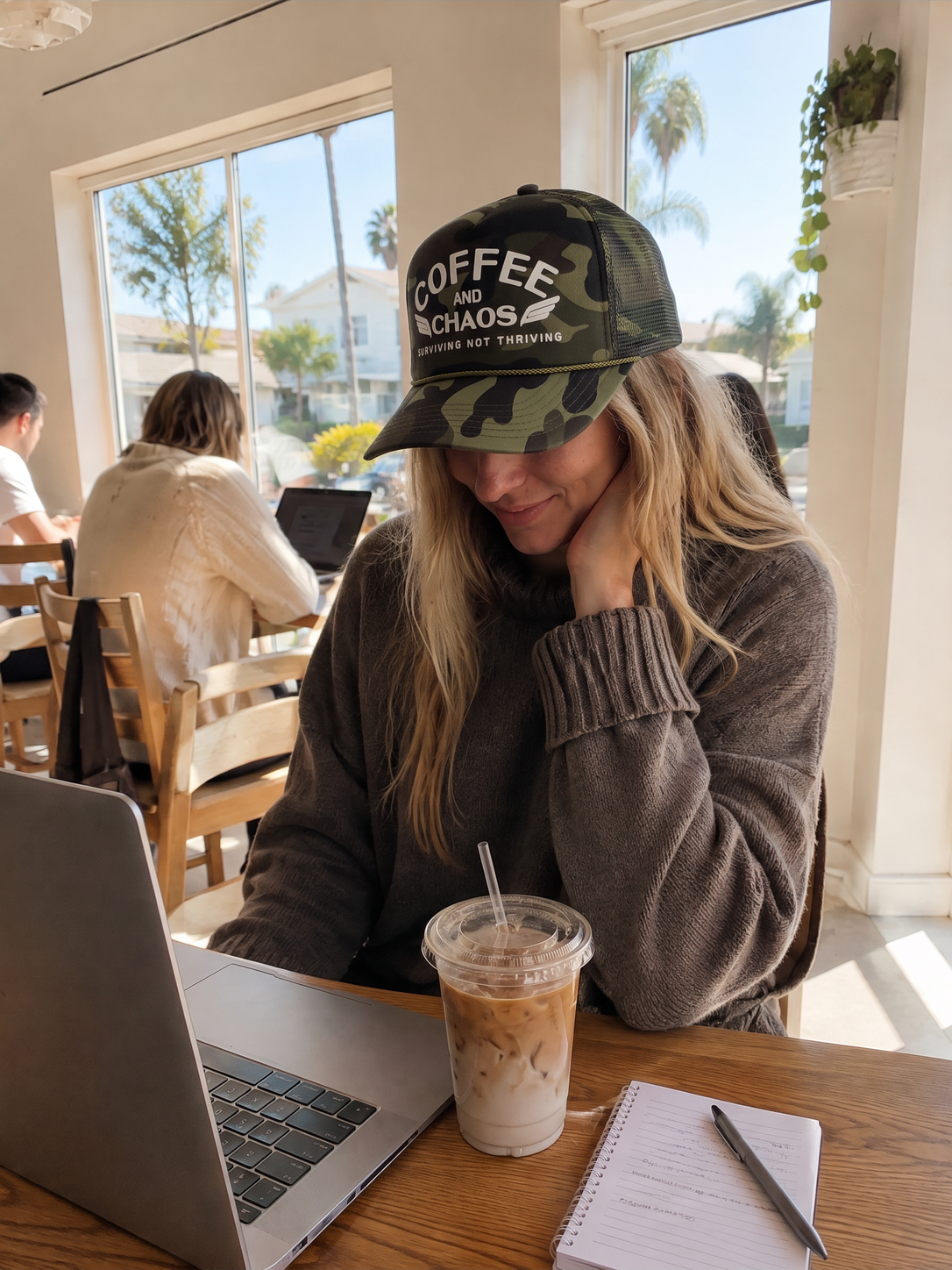 Coffee and Chaos Trucker Hat in Camo