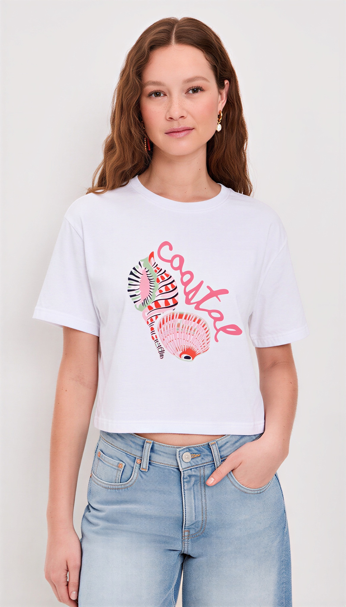 Coastal crop tee in white, front view