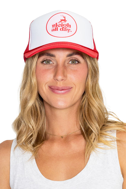 Sleigh all Day Trucker Hat in Red Split