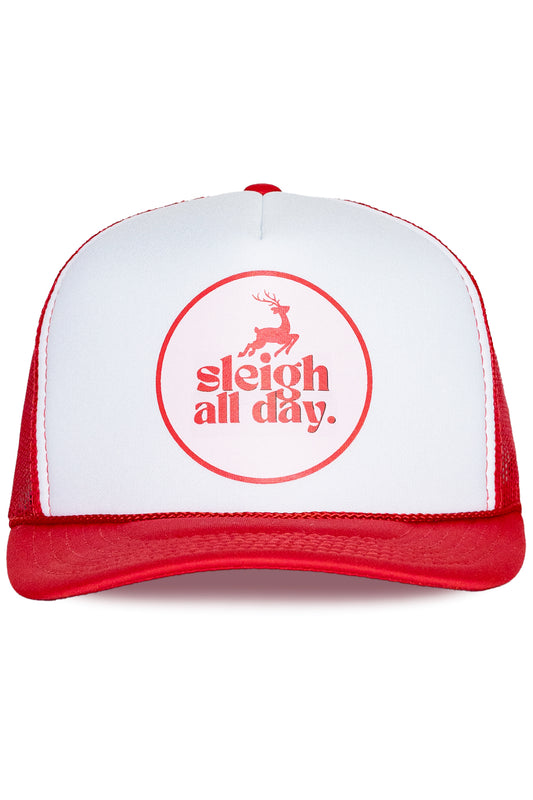 Sleigh all Day Trucker Hat in Red Split