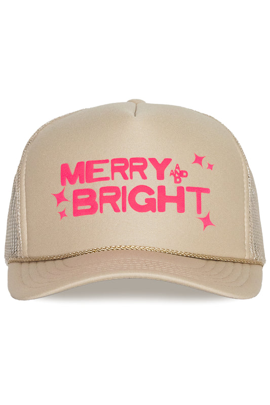 Merry & Bright Stars Trucker Hat in Tan