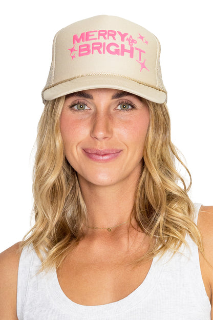 Merry & Bright Stars Trucker Hat in Tan