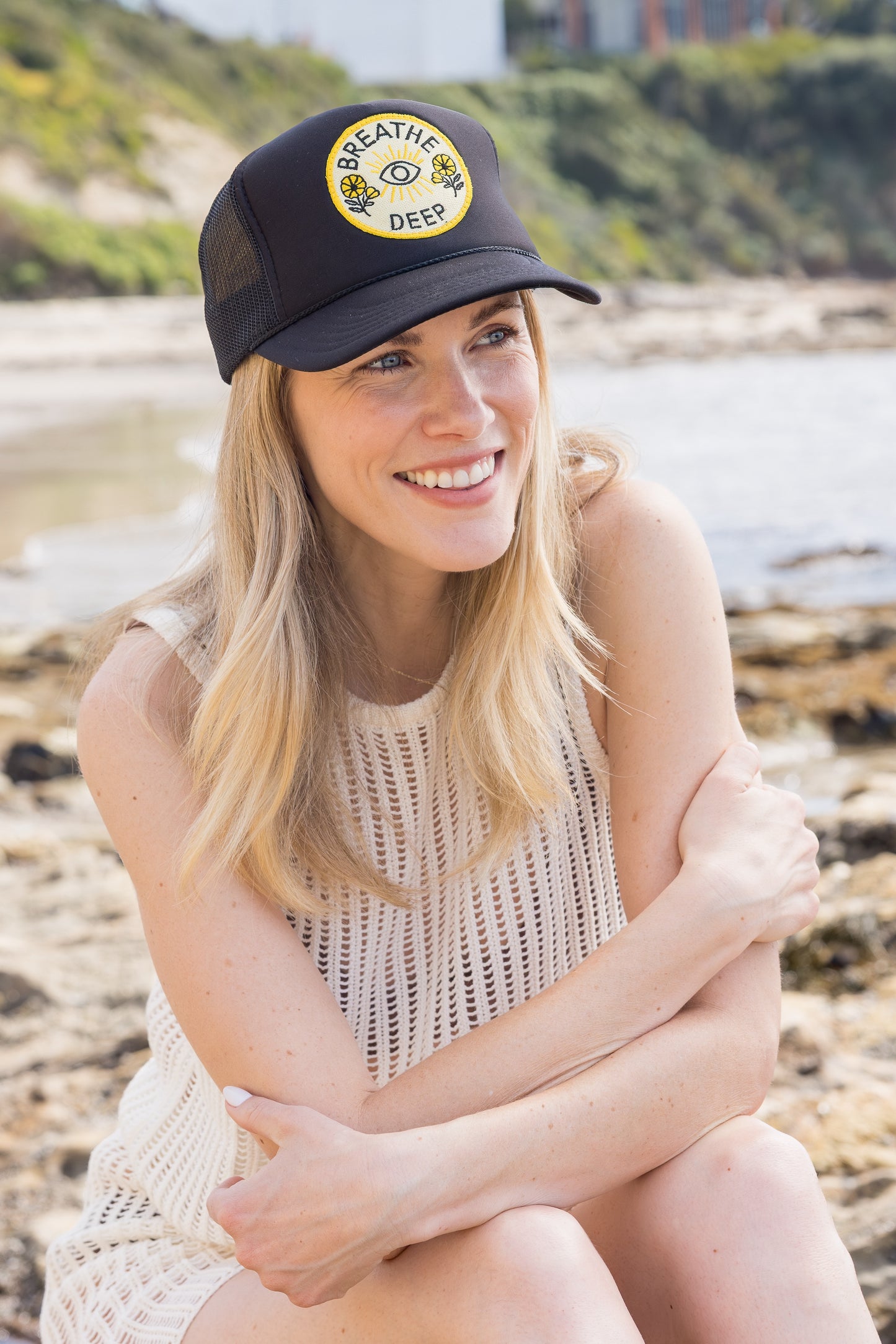 Breathe Deep Trucker Hat in Black