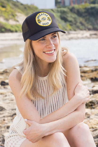 Breathe Deep Trucker Hat in Black