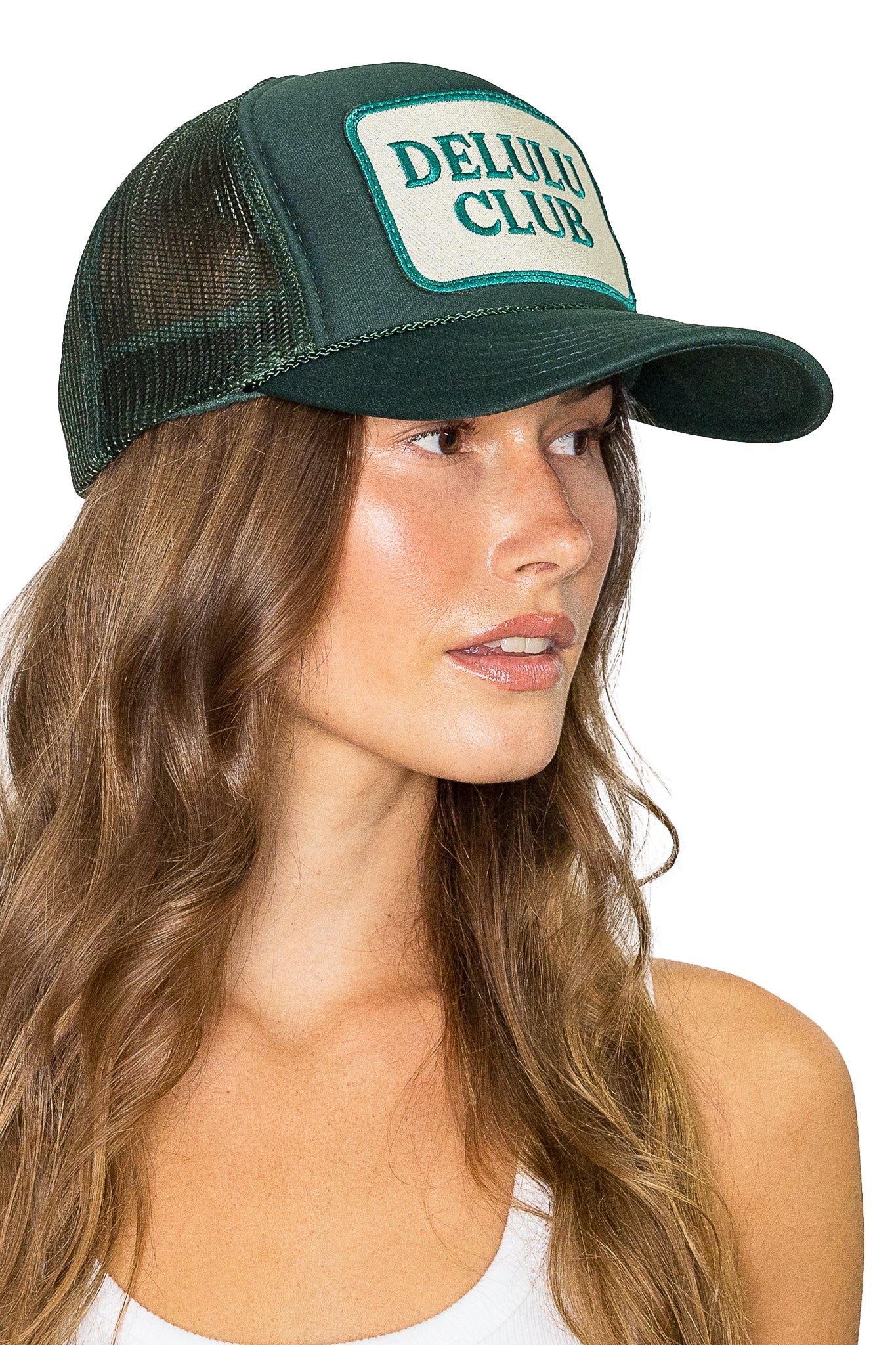 Delulu Club Trucker Hat in Deep Green