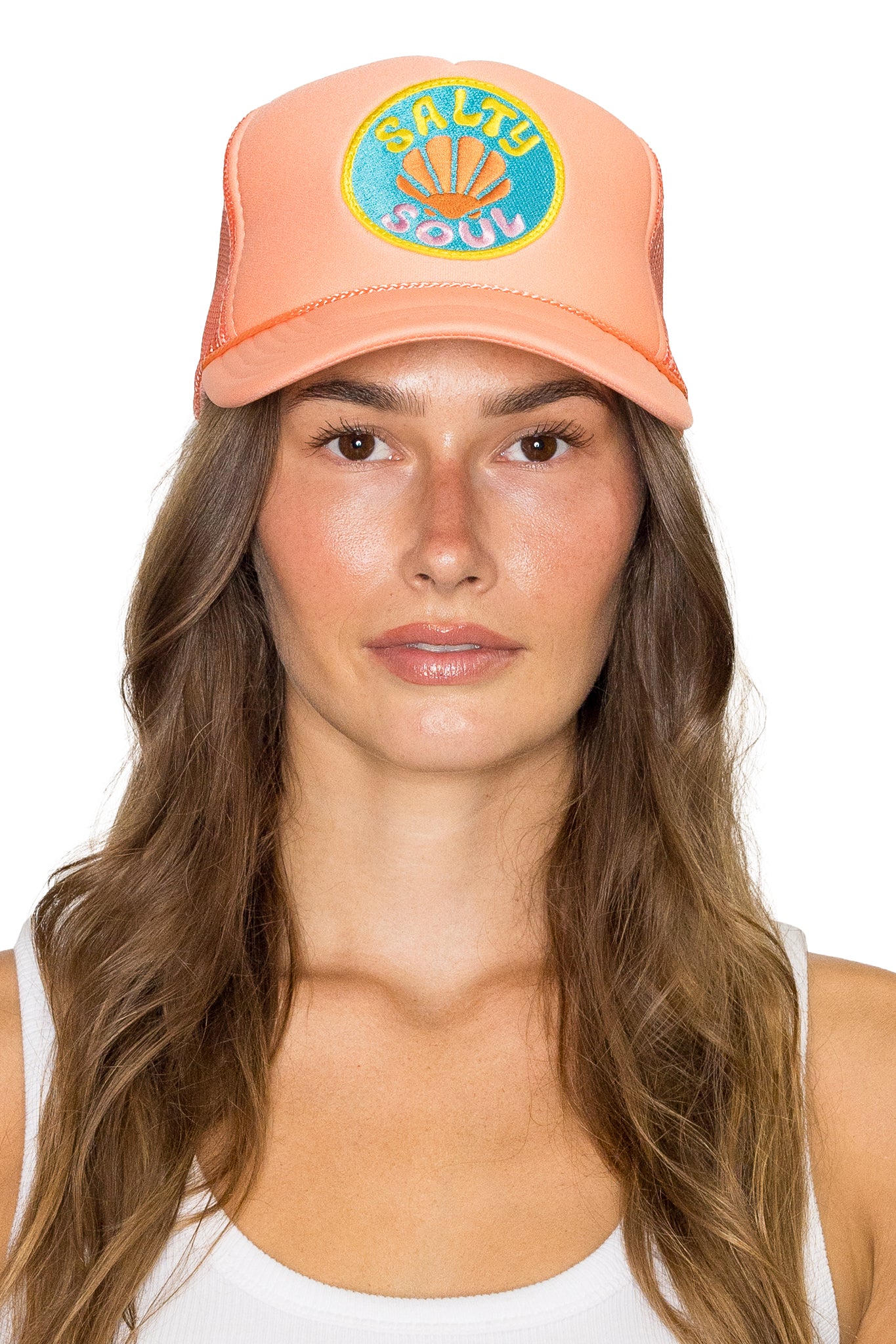 Salty Soul Trucker Hat in Coral