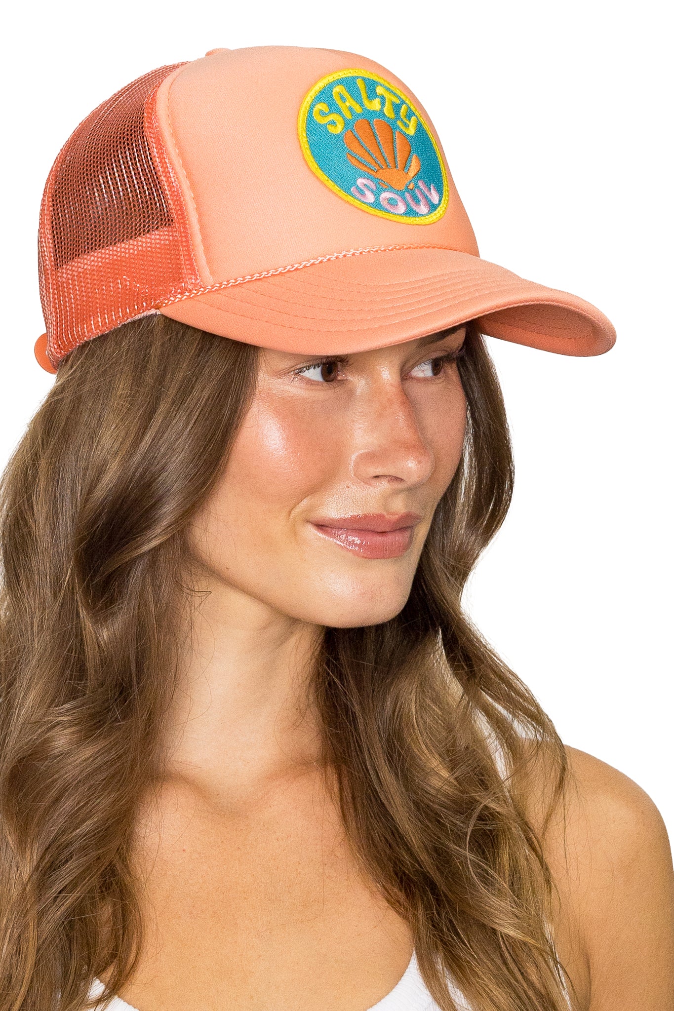 Salty Soul Trucker Hat in Coral