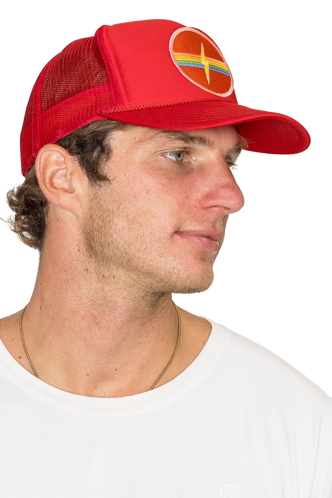 Electric Rainbow Trucker Hat Red